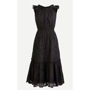J.Crew Black Eyelet Midi Dress Size 10 Ruffle Tiered Cotton Lined NWT